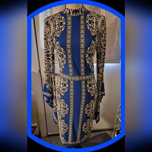 Venus Artistic Floral Bodycon Dress w/ Cascading Bell Sleeves